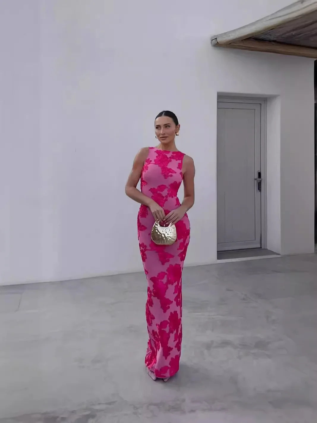 Women's Floral Burnout Maxi – Sleeveless Crew Neck Flared Wedding Guest Dress