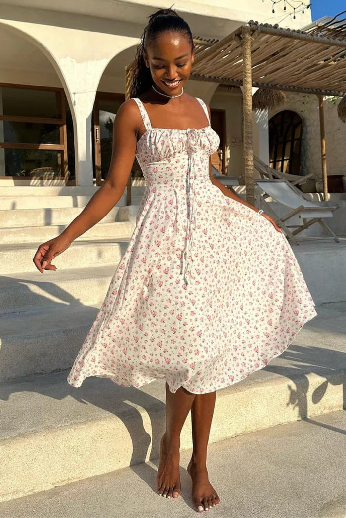 Women's Floral Bustier Midi Dress – Sweetheart Tie Front Wedding Guest