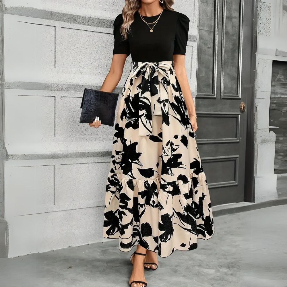 Women's Floral Colorblock Maxi – Tie Waist Puff Sleeve Ruffled Wedding Dress