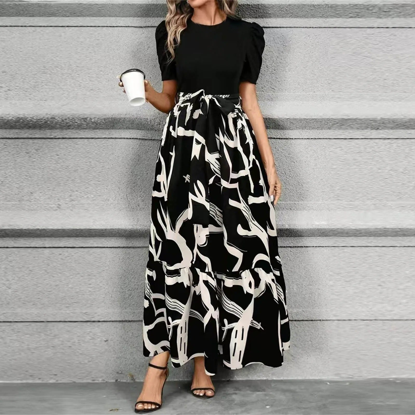 Women's Floral Colorblock Maxi – Tie Waist Puff Sleeve Ruffled Wedding Dress