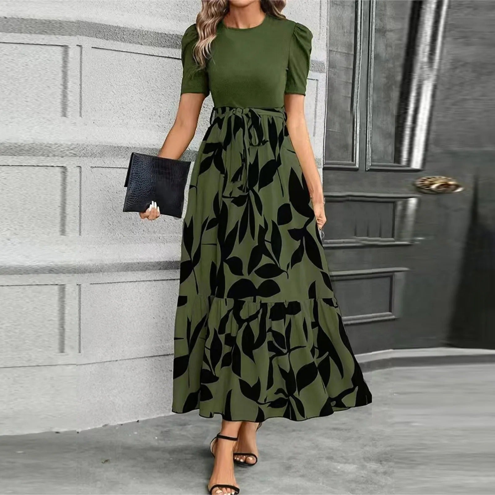 Women's Floral Colorblock Maxi – Tie Waist Puff Sleeve Ruffled Wedding Dress