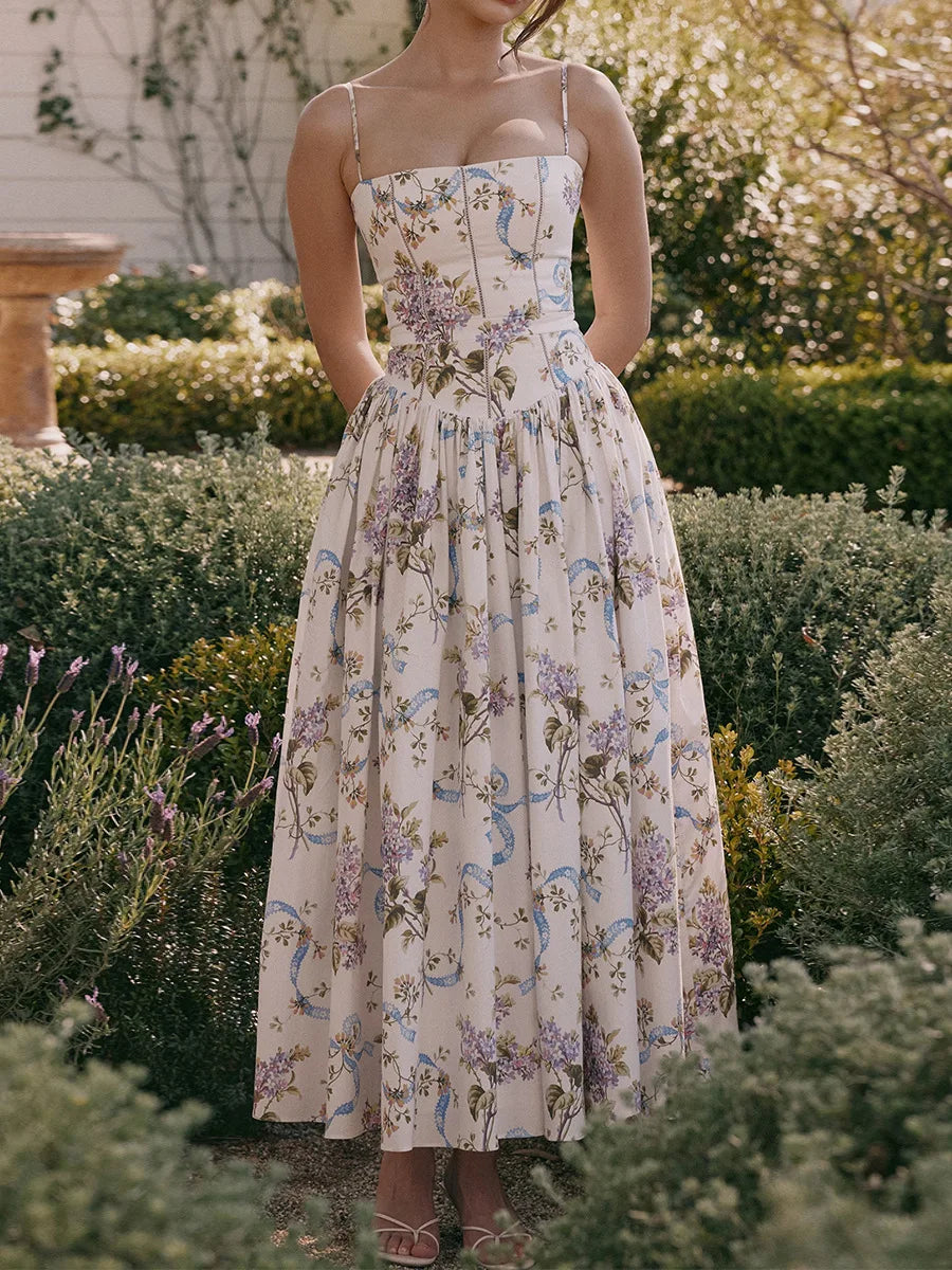 Women's Floral Corset Midi Dress – Strapless Boned Bodice A-Line Prom