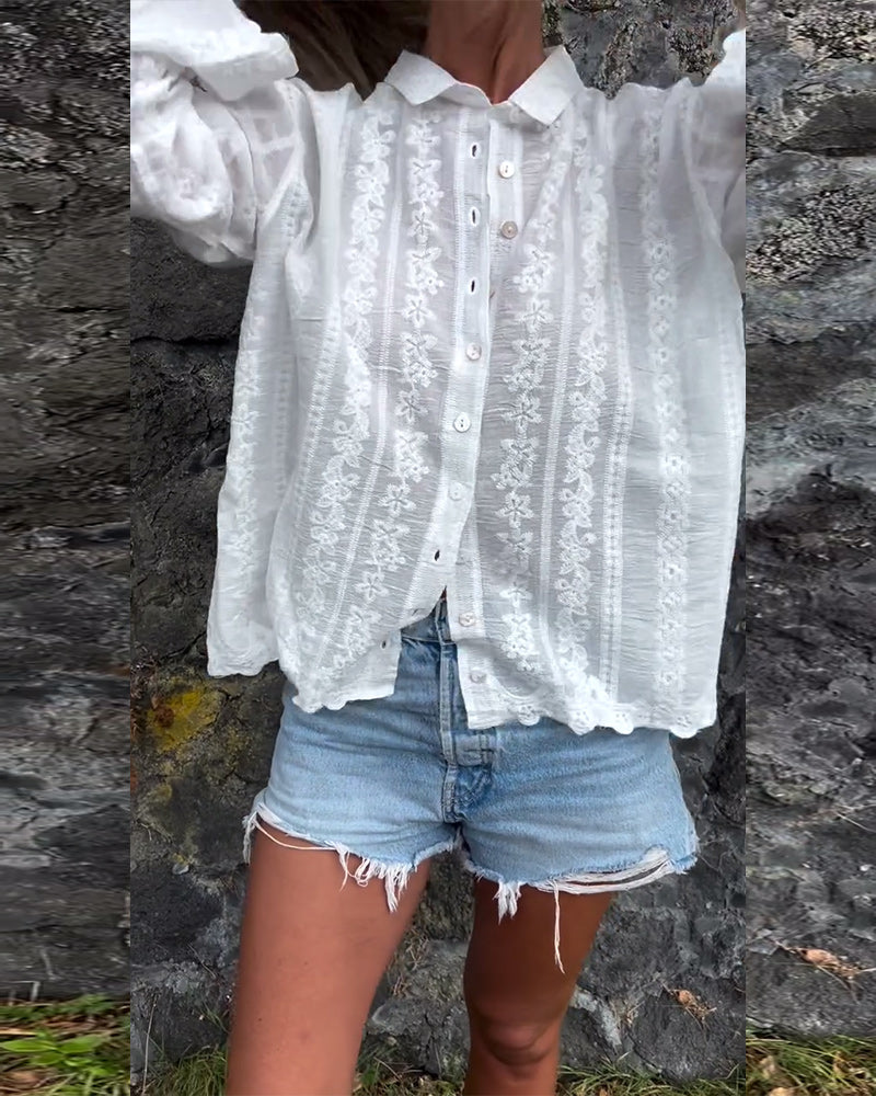 Women's Floral Embroidered Blouse – Collared Button Front Long Sleeve Casual