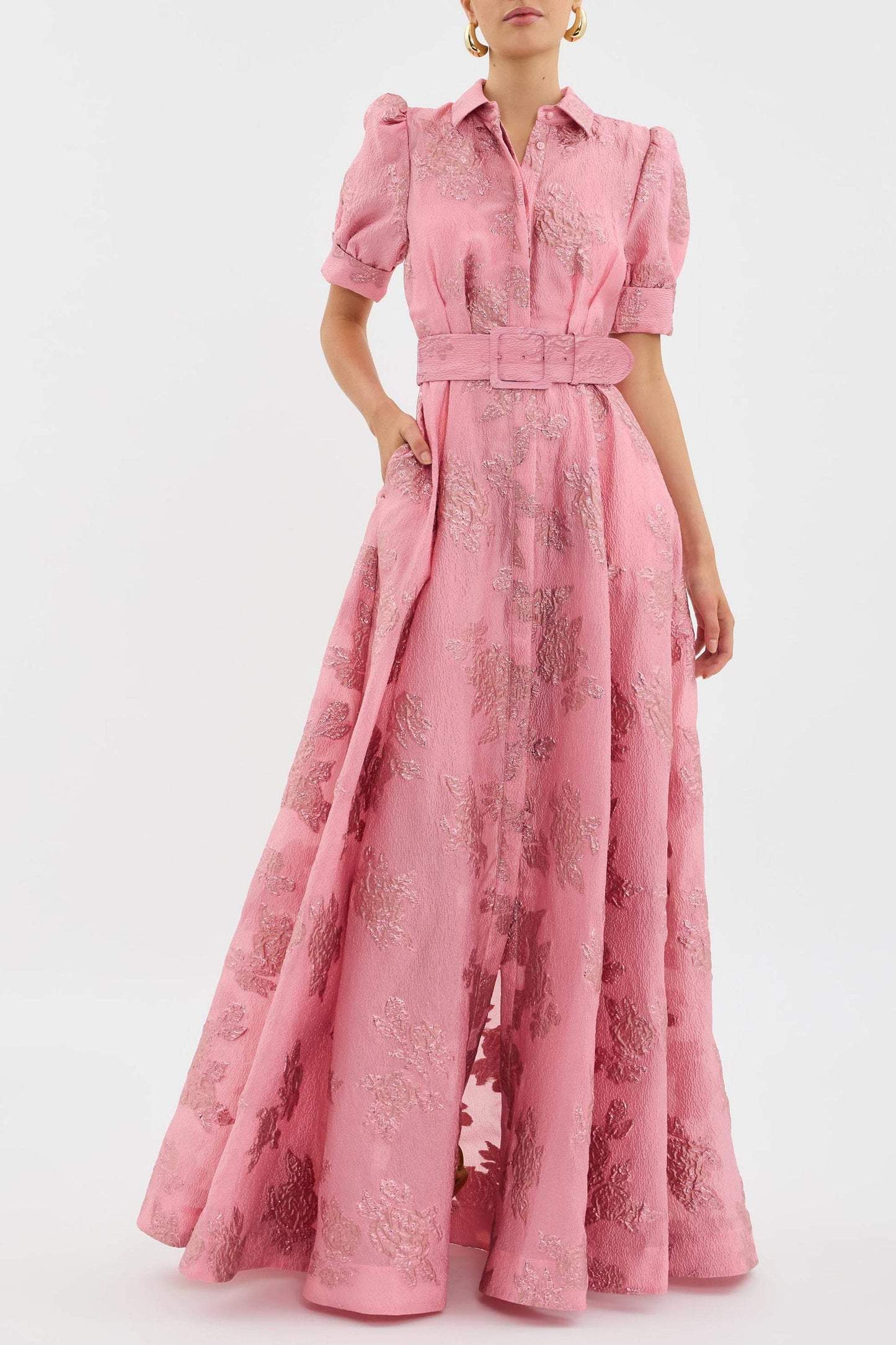 Women's Floral Jacquard Maxi – Belted Shirt Collar Puff Sleeve Wedding Guest Dress