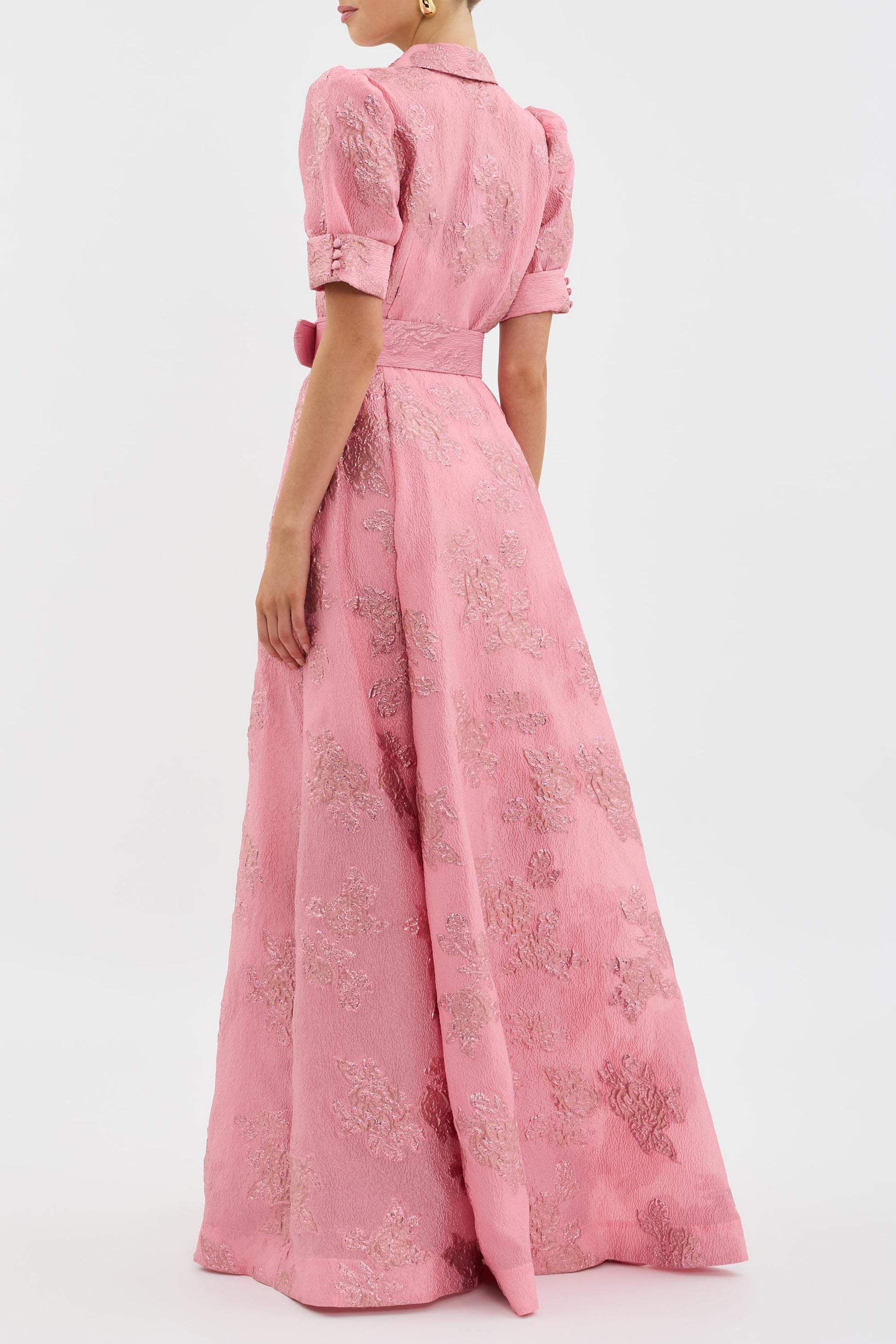 Women's Floral Jacquard Maxi – Belted Shirt Collar Puff Sleeve Wedding Guest Dress