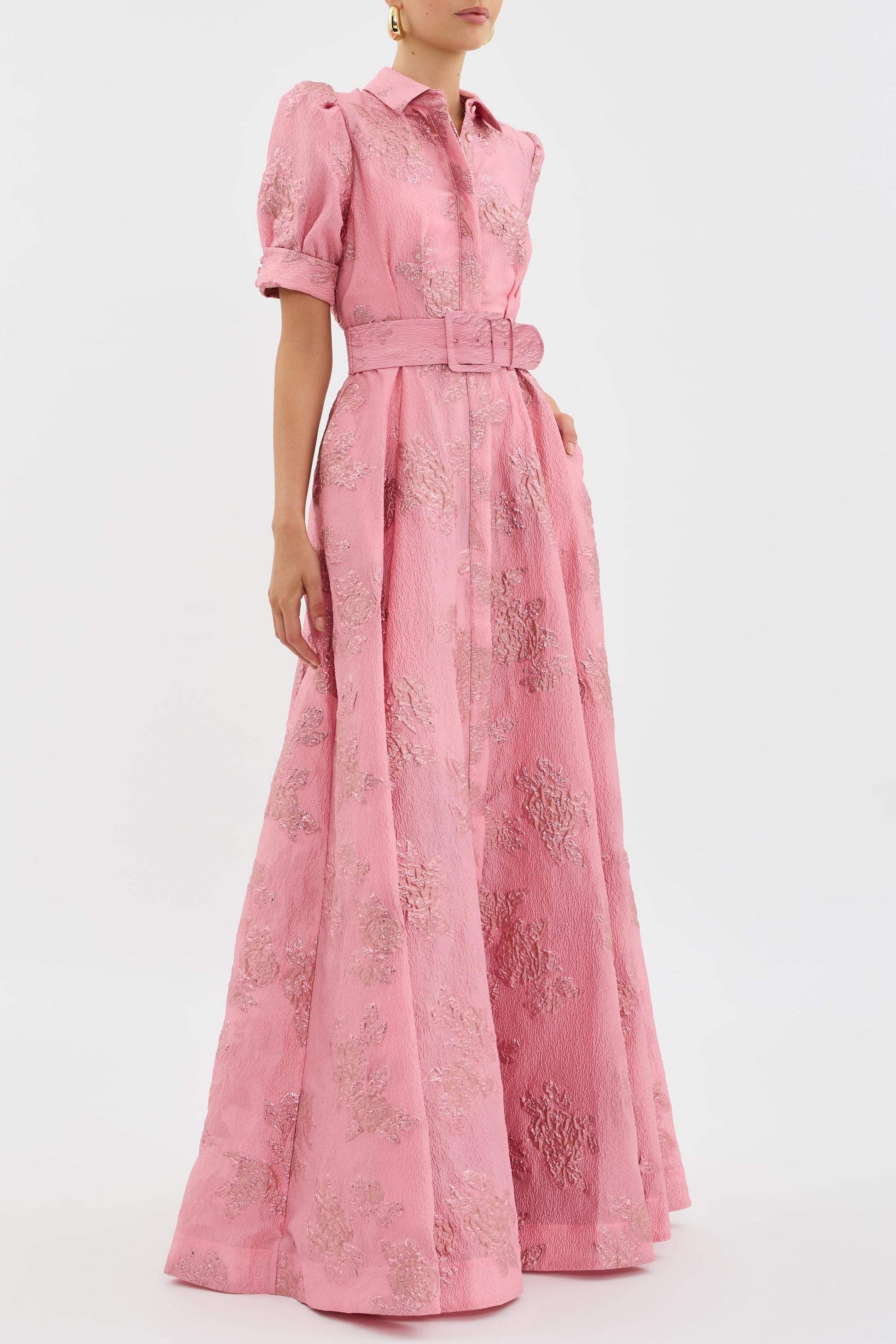 Women's Floral Jacquard Maxi – Belted Shirt Collar Puff Sleeve Wedding Guest Dress