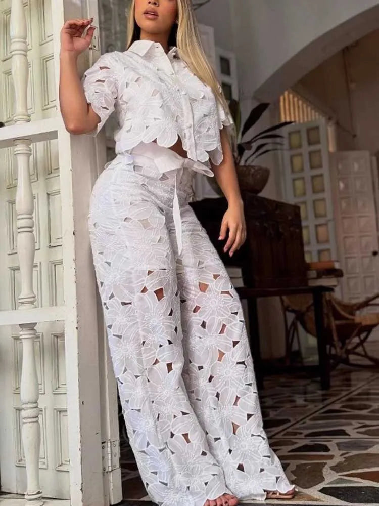 Women's Floral Lace 2 Piece Set – Collared Crop Top Wide Leg Pants Summer