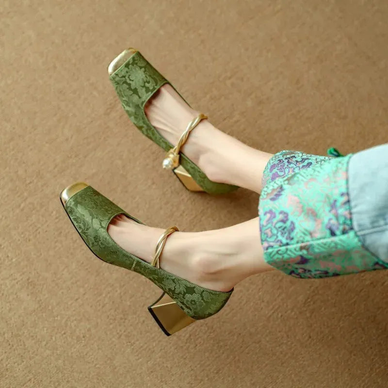 Women's Floral Mary Jane Shoes – Square Toe Block Heel Casual Evening