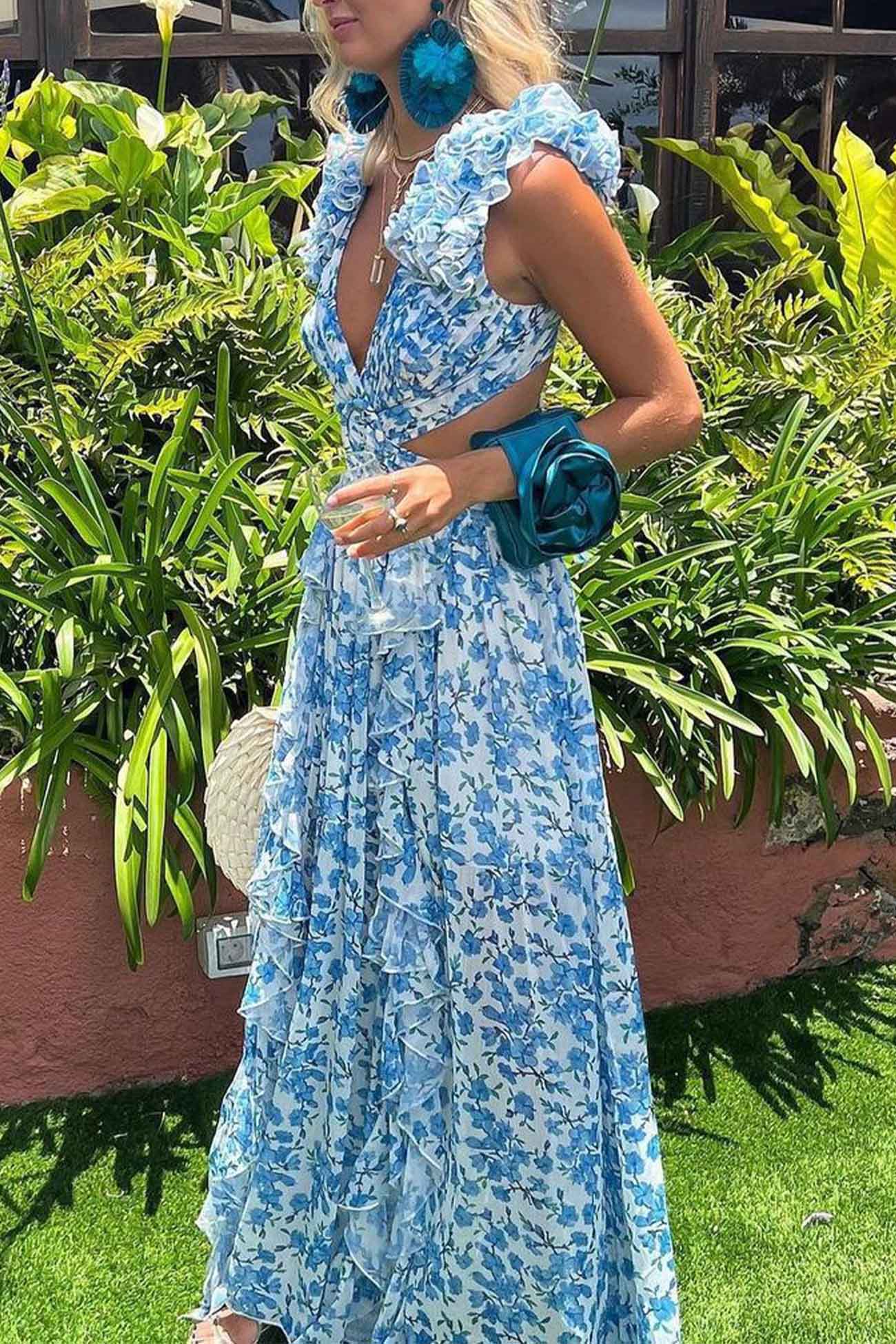 Women's Floral Maxi Dress – Ruffle Sleeve Deep V Neck Side Cutout Wedding Guest
