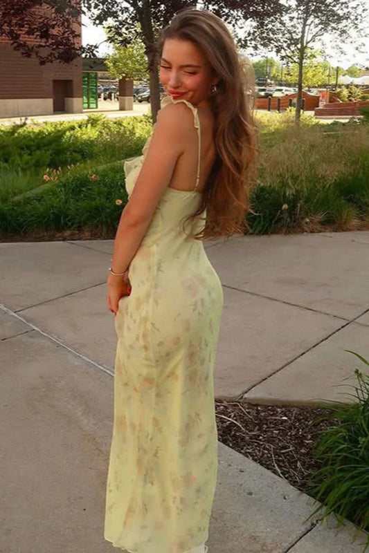 Women's Floral Maxi Dress – Ruffle V Neck Spaghetti Strap Summer Slip