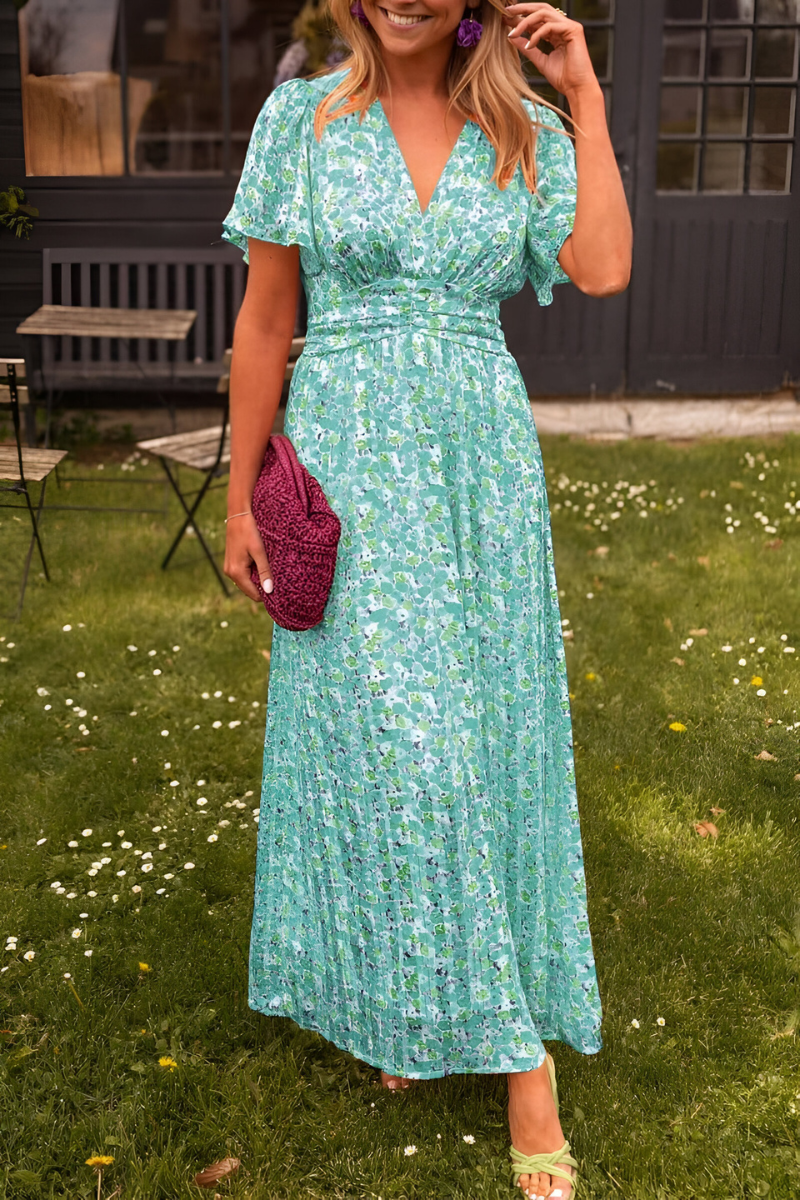 Women's Floral Maxi Dress – V Neck Flutter Sleeve Ruched Waist Wedding Guest