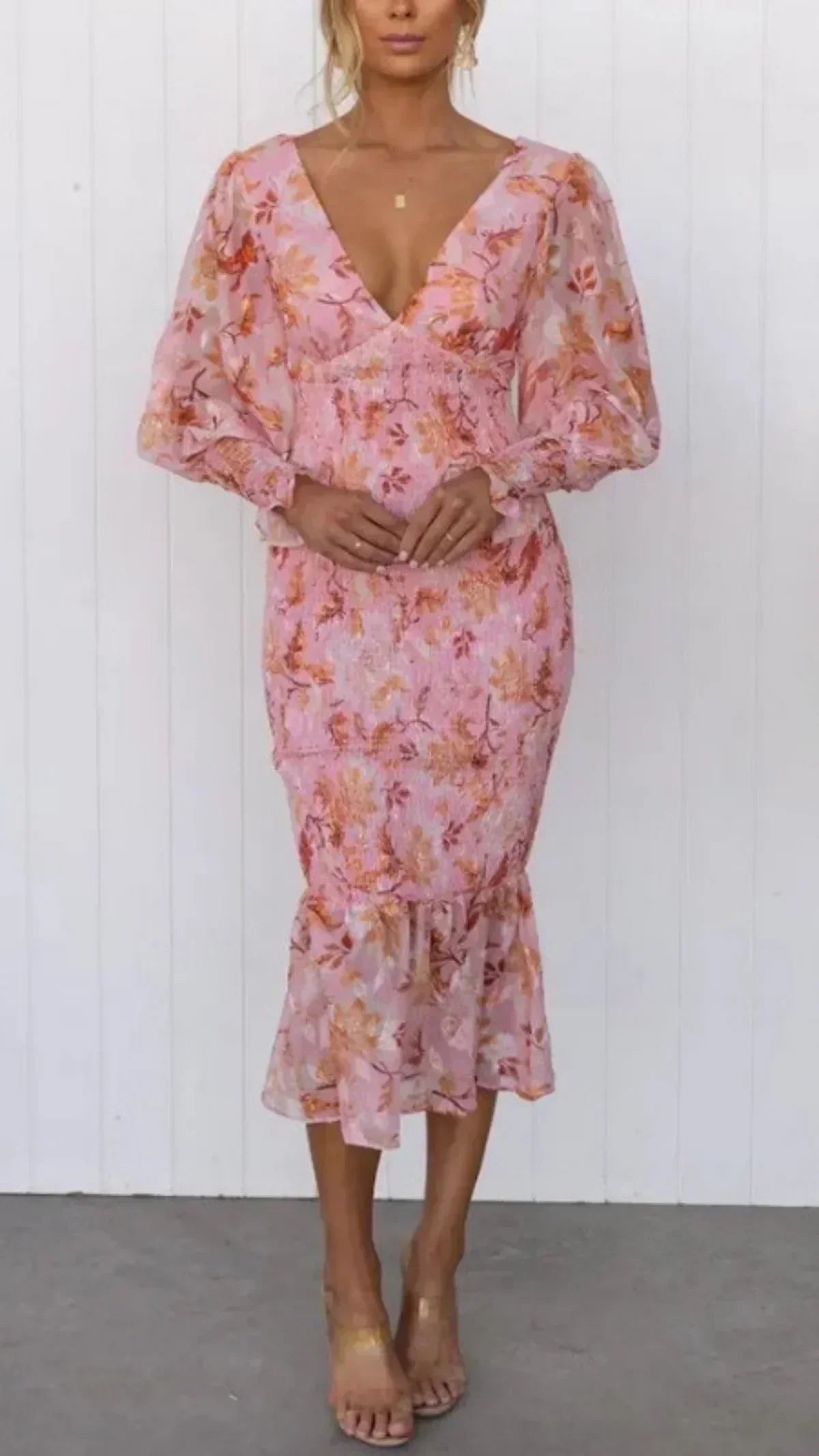 Women's Floral Midi – Deep V Neck Bishop Sleeve Smocked Waist Wedding Guest Dress
