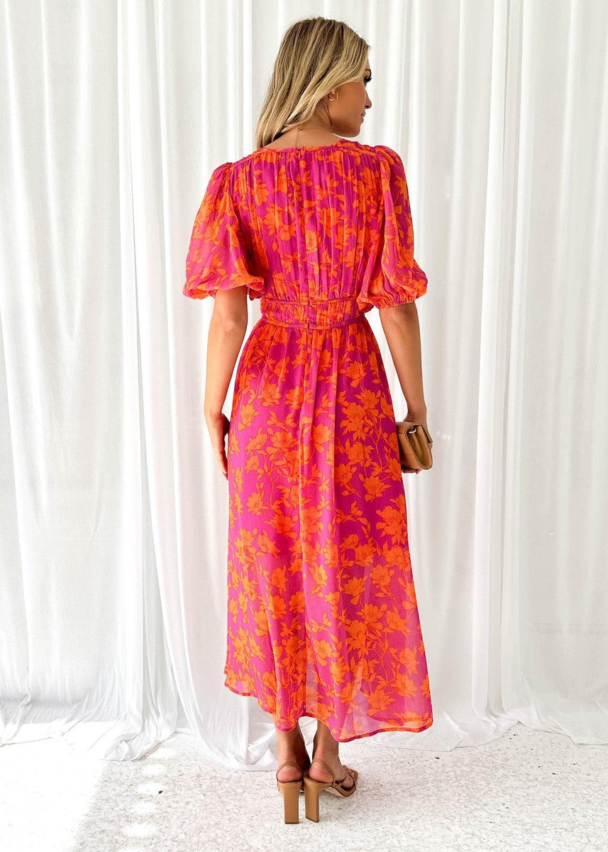 Women's Floral Midi Dress – Deep V Neck Puff Sleeve A-Line Wedding Guest