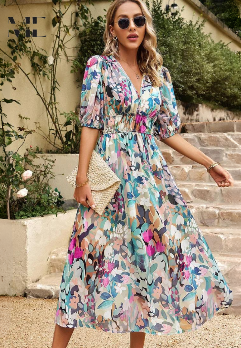 Women's Floral Midi Dress – V Neck Puff Sleeve Gathered Waist Wedding Guest