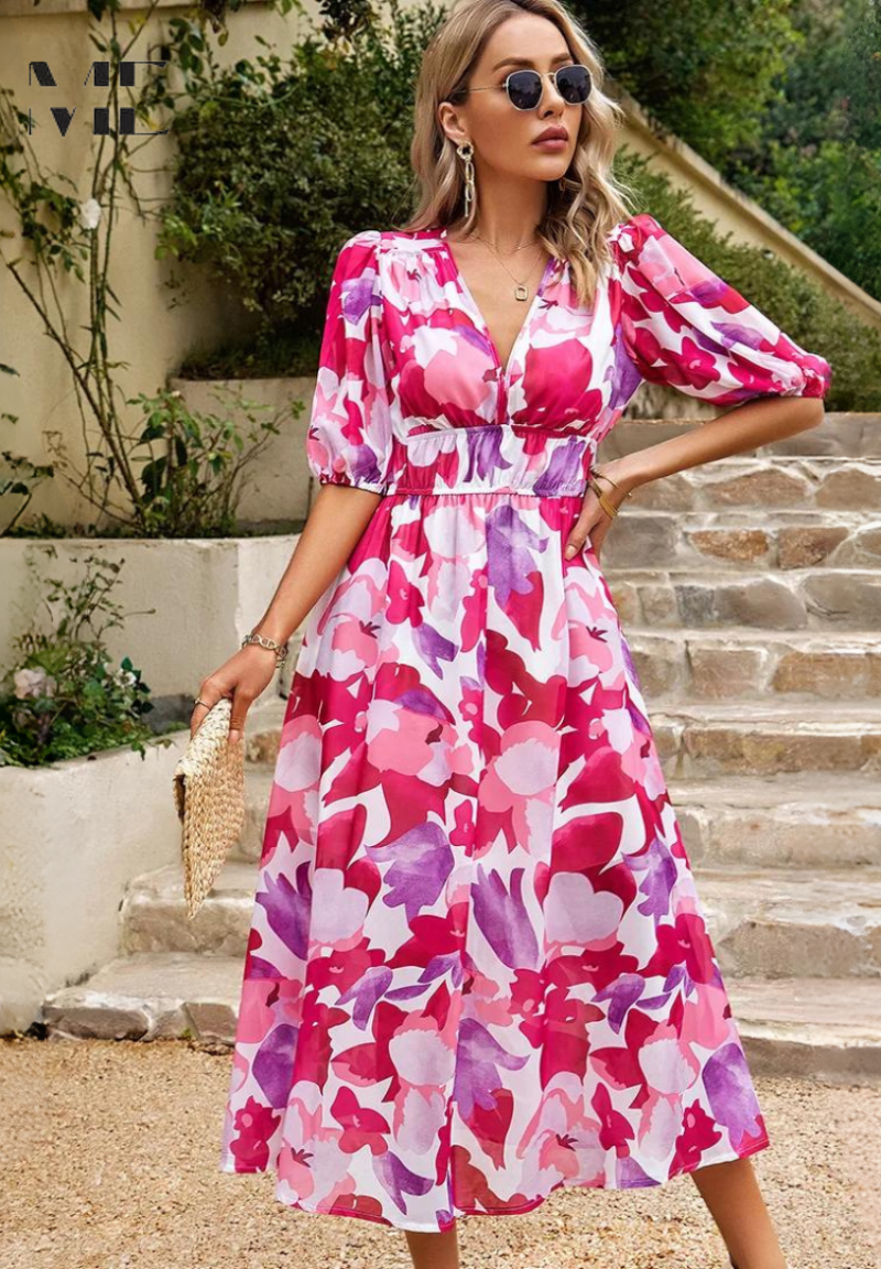 Women's Floral Midi Dress – V Neck Puff Sleeve Gathered Waist Wedding Guest