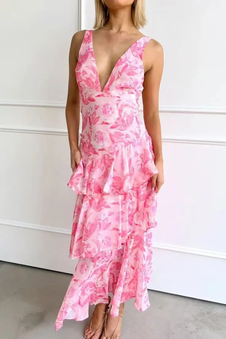 Women's Floral Print V Neck Maxi – Tiered Ruffle Open Back Wedding Guest Dress