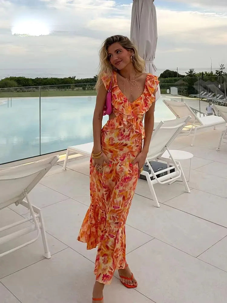 Women's Floral Ruffle V Neck Maxi – Cap Sleeve Tiered Hem Wedding Guest Dress