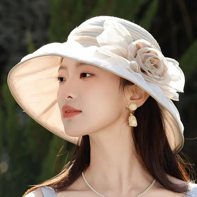 Women's Floral Wide Brim Sun Hat – Pleated Crown Layered Brim Garden Party