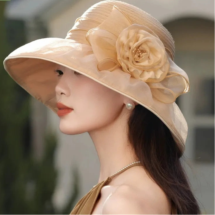 Women's Floral Wide Brim Sun Hat – Pleated Crown Layered Brim Garden Party