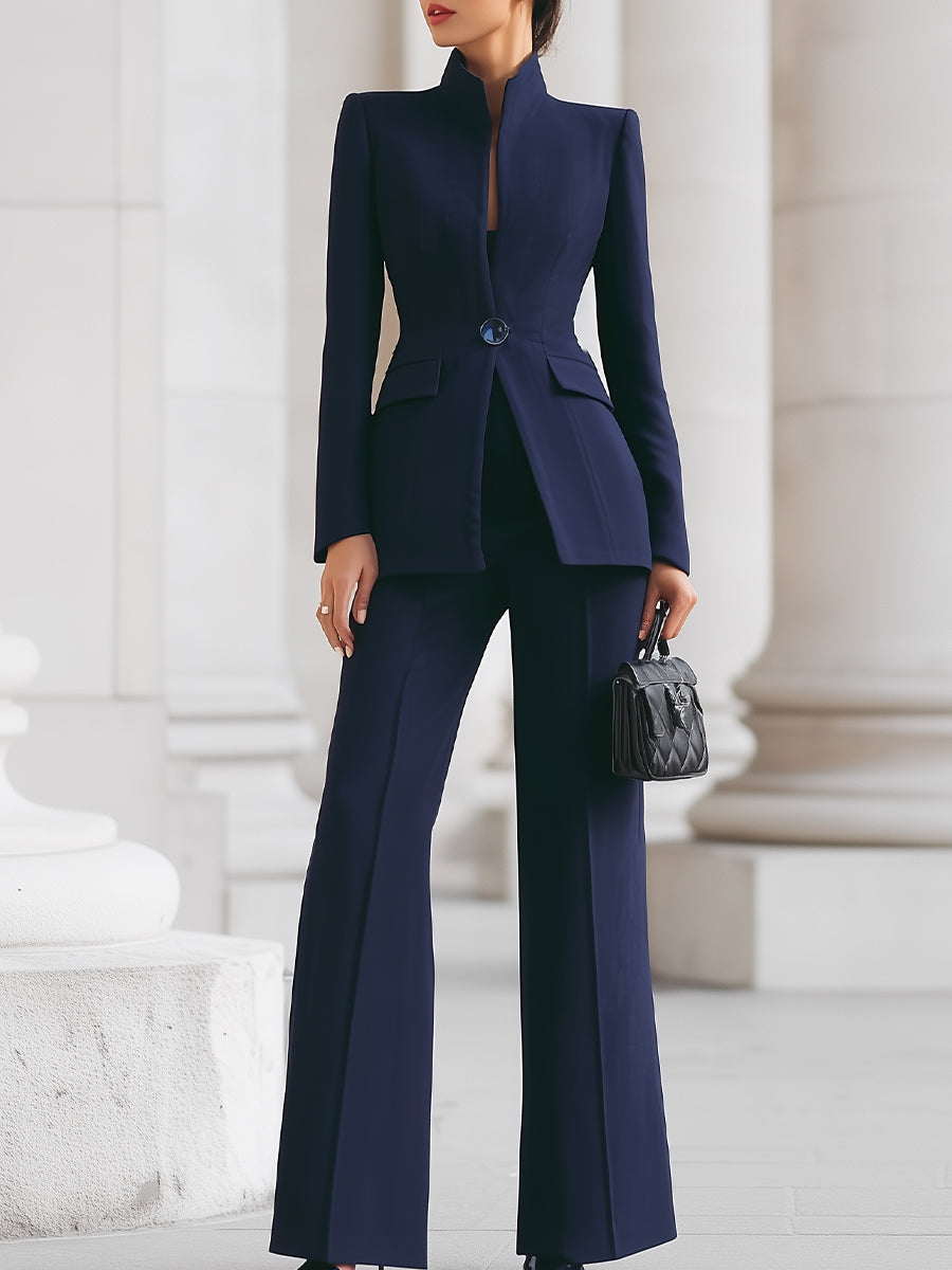 Women's Formal Two Piece Suit Set – Stand Collar Single Button Wide Leg Workwear