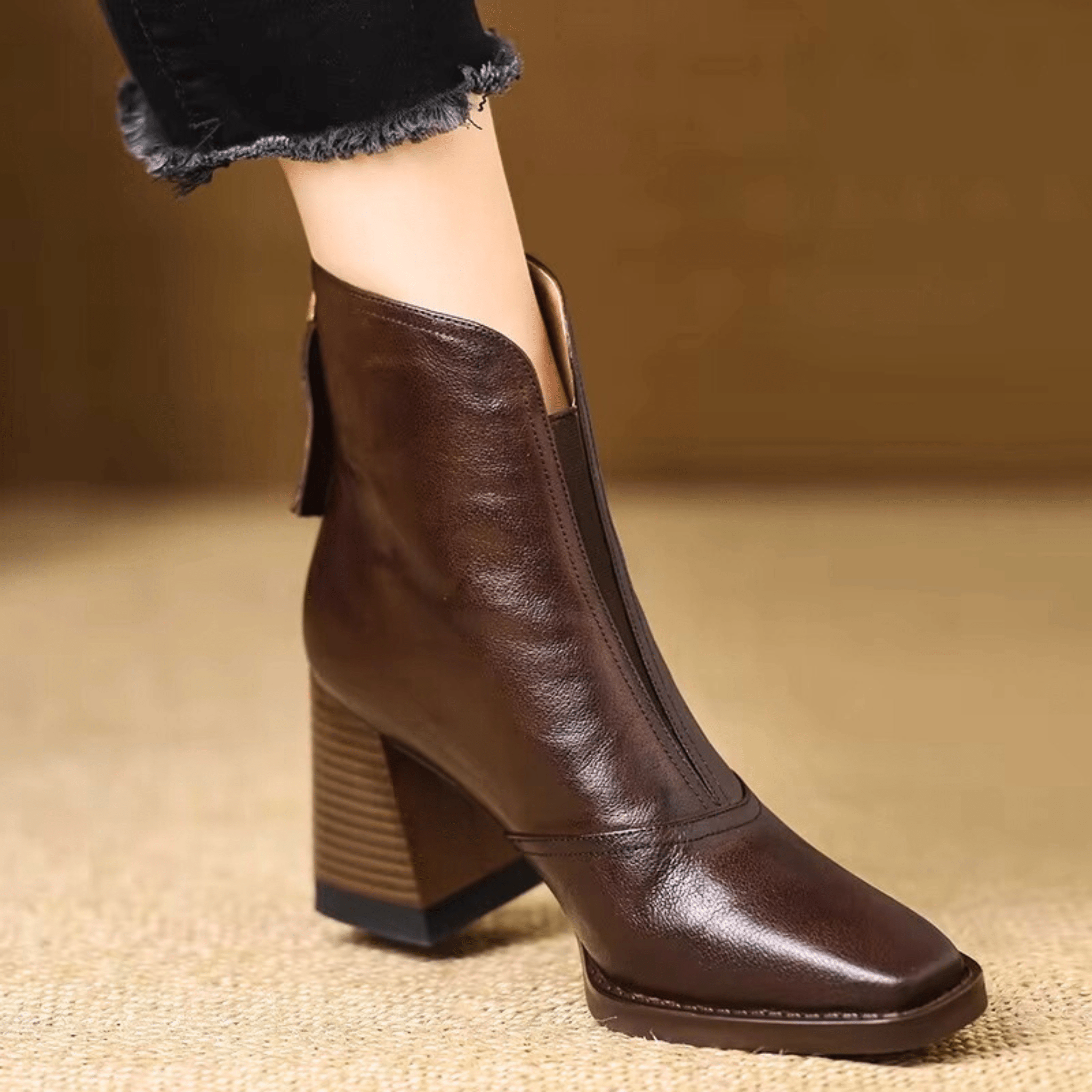 Women's Front Zip Square Toe Block Heel Ankle Boots – Fall Winter