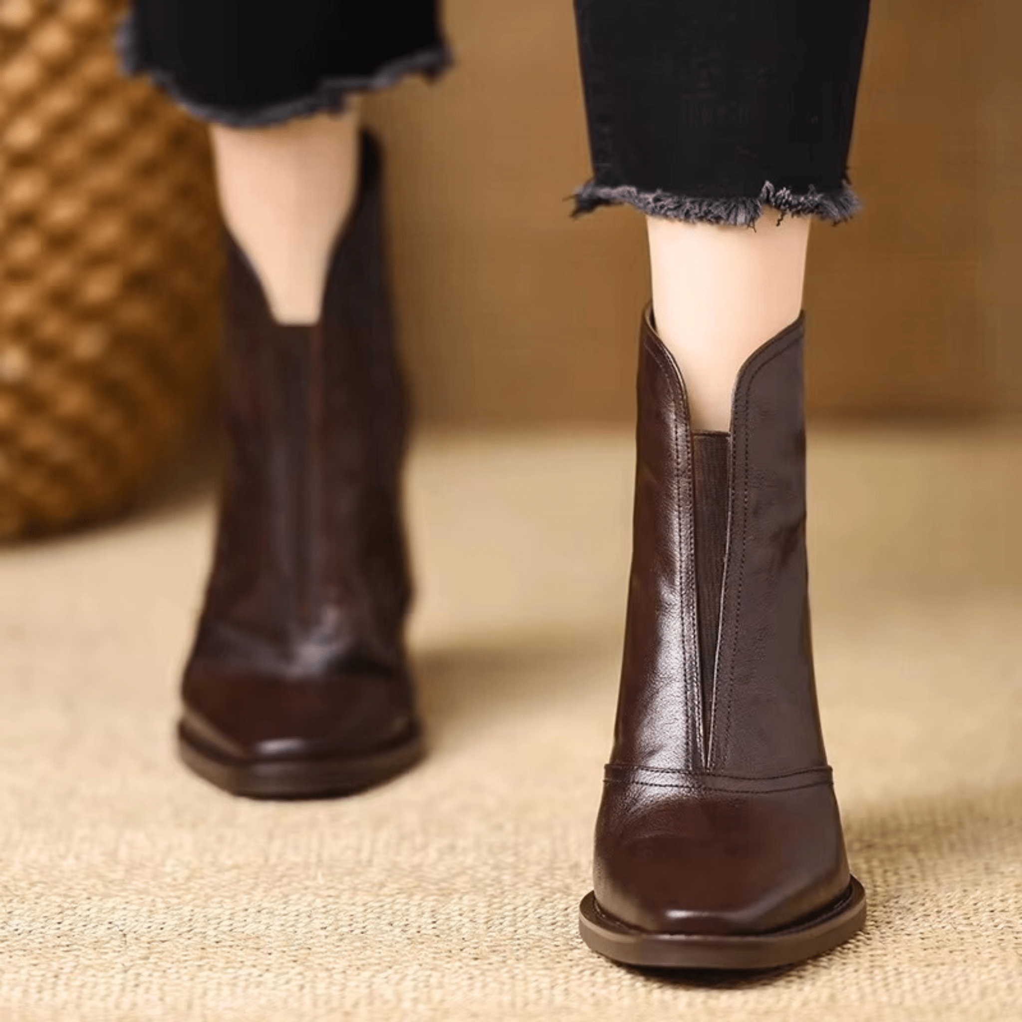 Women's Front Zip Square Toe Block Heel Ankle Boots – Fall Winter