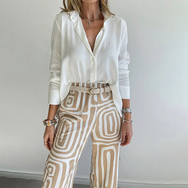 Women's Geometric Print Blouse and Pants – V Neck Long Sleeve 2 Piece Set