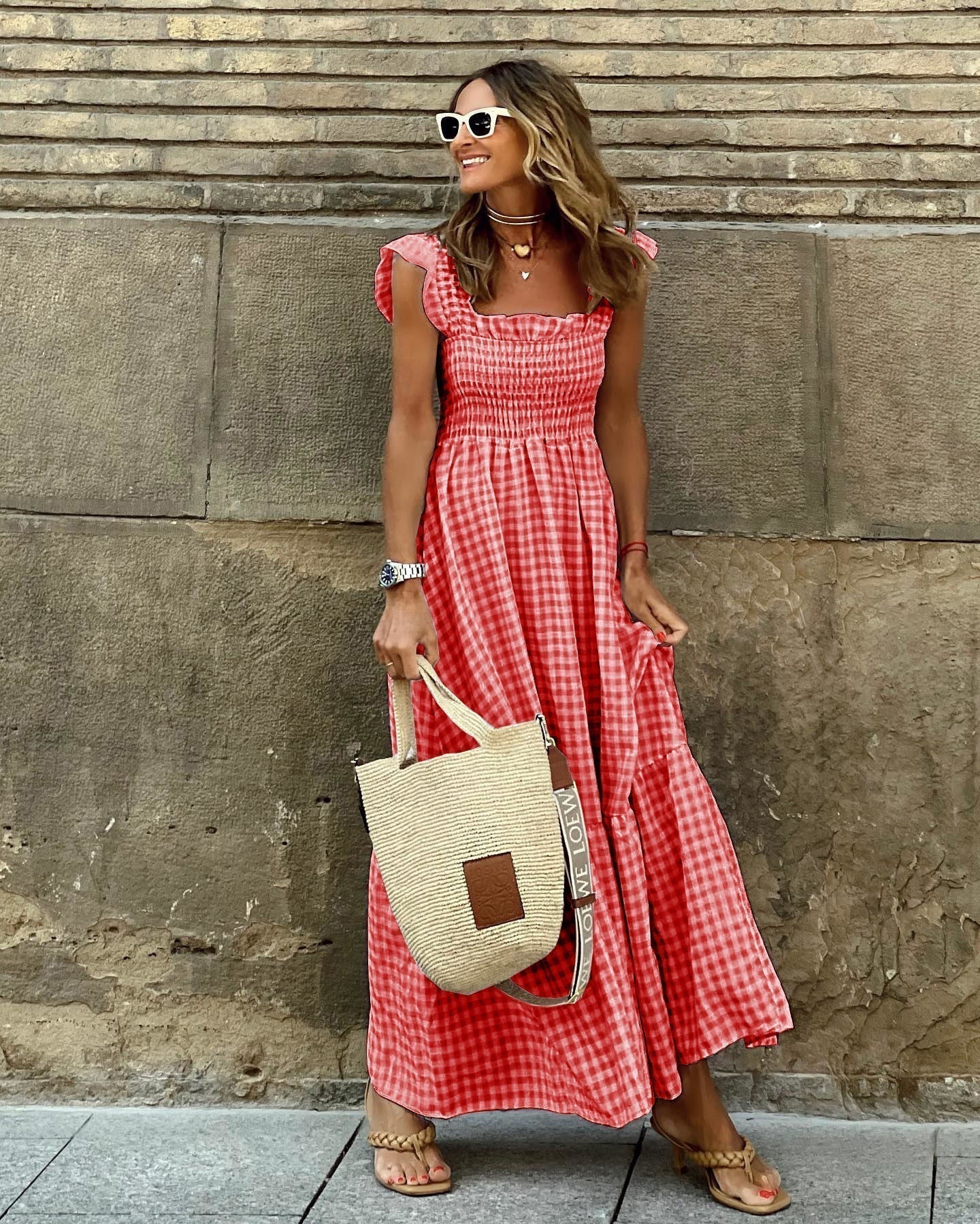 Women's Gingham Square Neck Maxi – Ruffle Sleeve Smocked Tiered Summer Dress