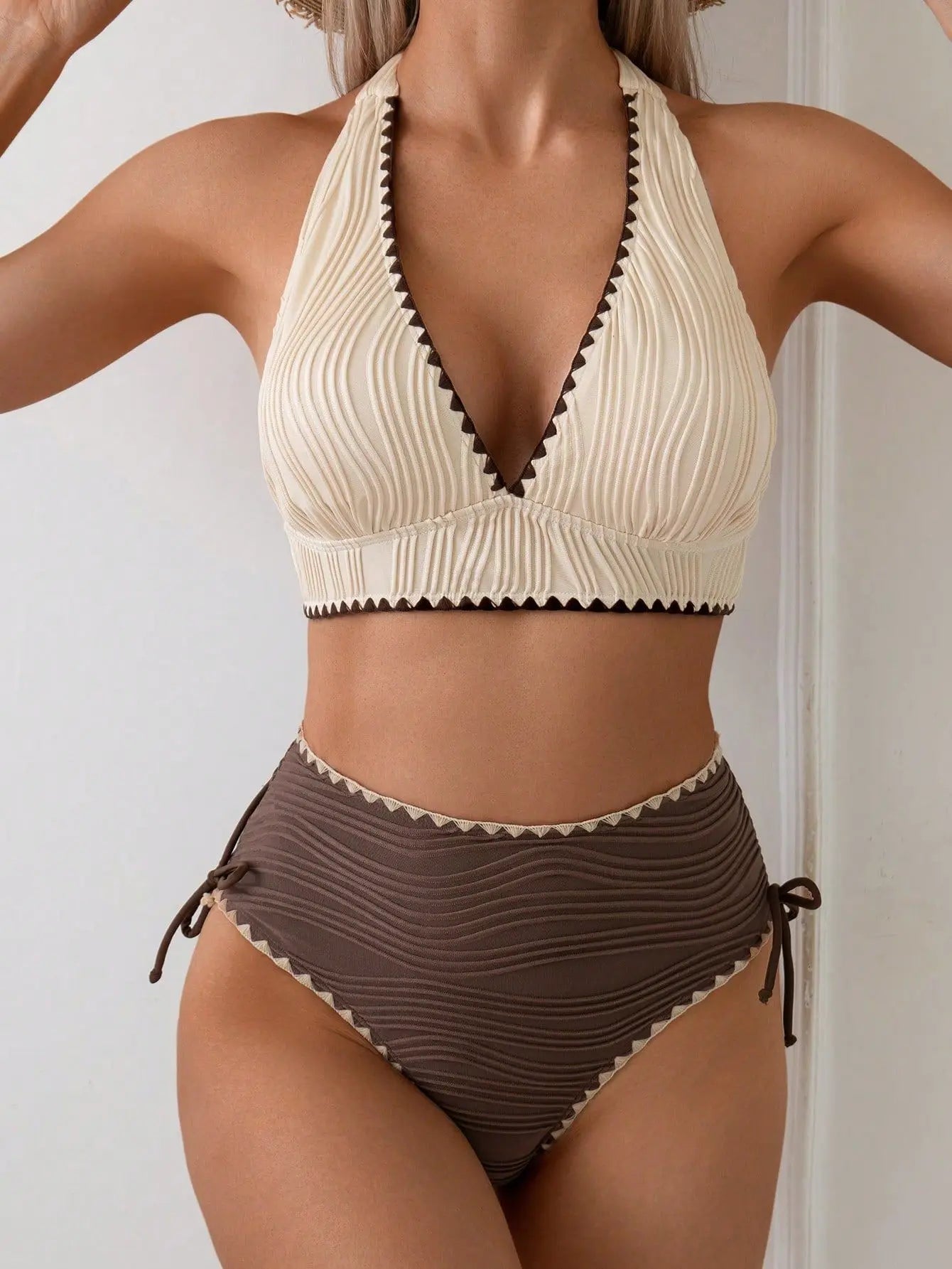 Women's High Waist Halter Bikini Set – Wave Texture V Neck Zigzag Trim Swimwear