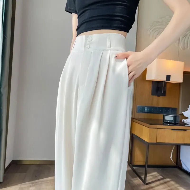 Women's High Waist Pleated Wide Leg Pants – Double Button Tailored Office