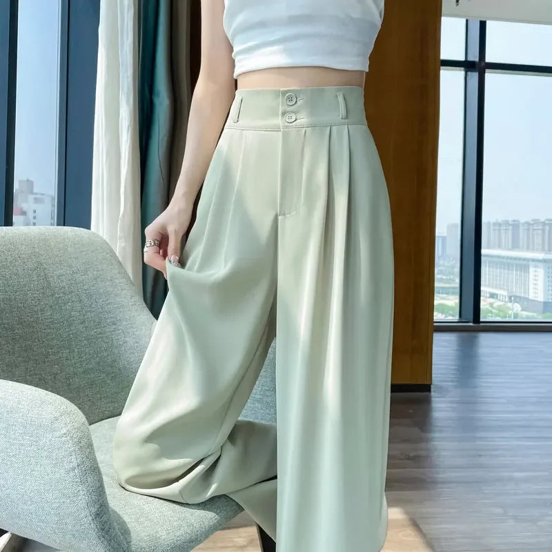 Women's High Waist Pleated Wide Leg Pants – Double Button Tailored Office