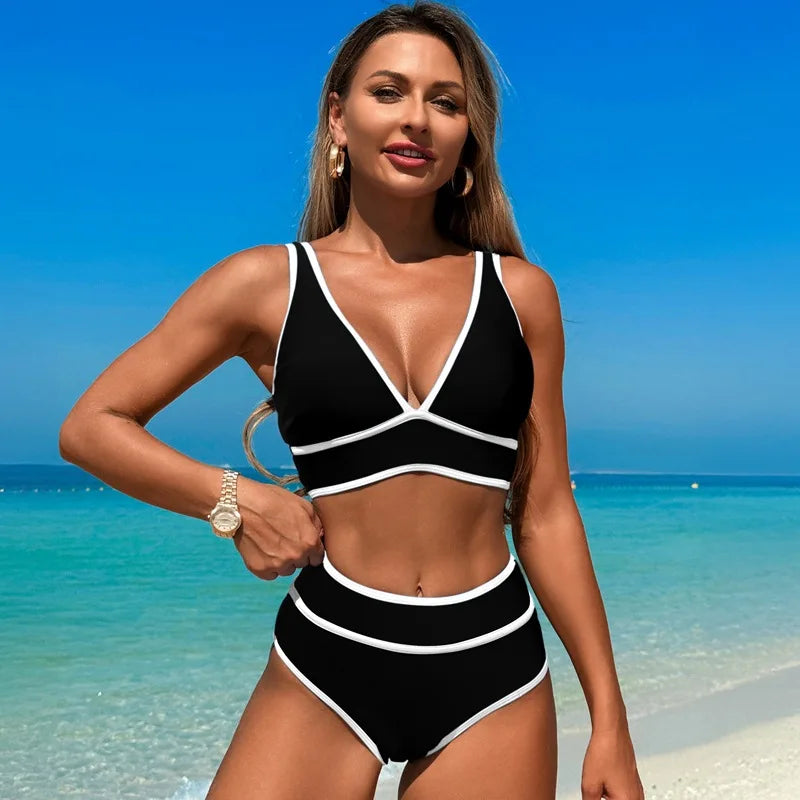 Women's High Waisted Bikini Set – V Neck Crop Top Contrast Trim Swimsuit