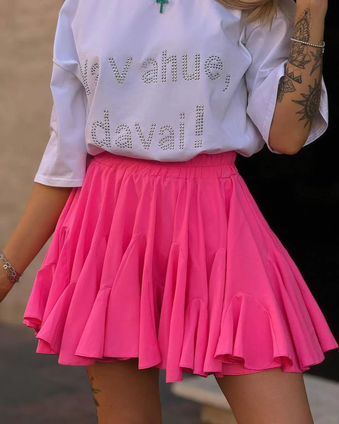 Women's High Waisted Flared Mini Skirt – Built-In Shorts Ruffle Hem Casual
