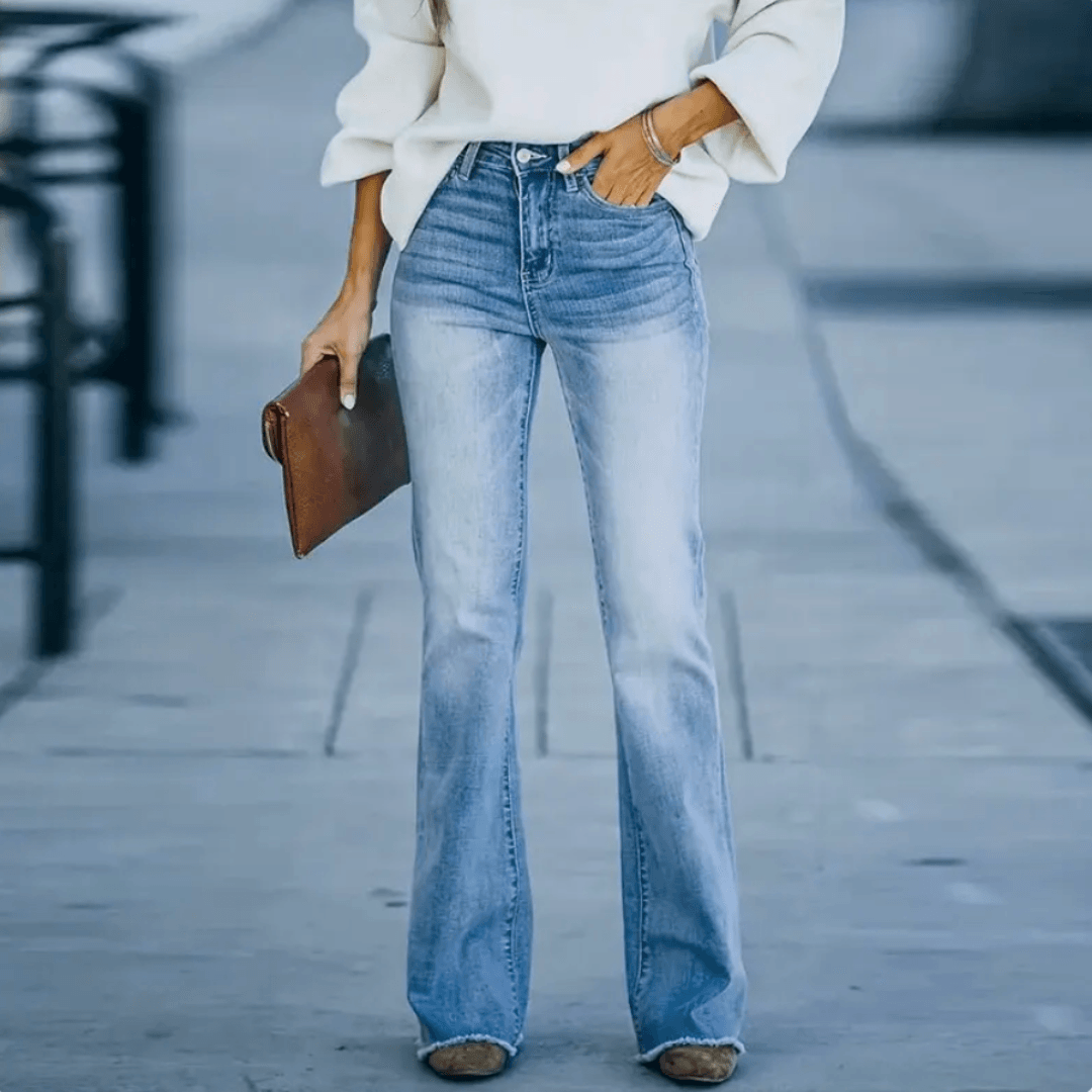 Women's High Waisted Slim Flare Denim Jeans – Raw Hem 5 Pocket Casual