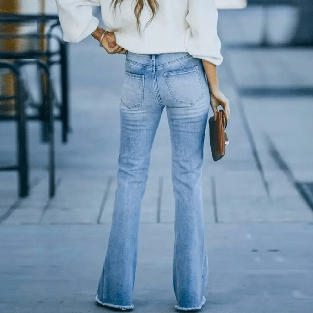 Women's High Waisted Slim Flare Denim Jeans – Raw Hem 5 Pocket Casual