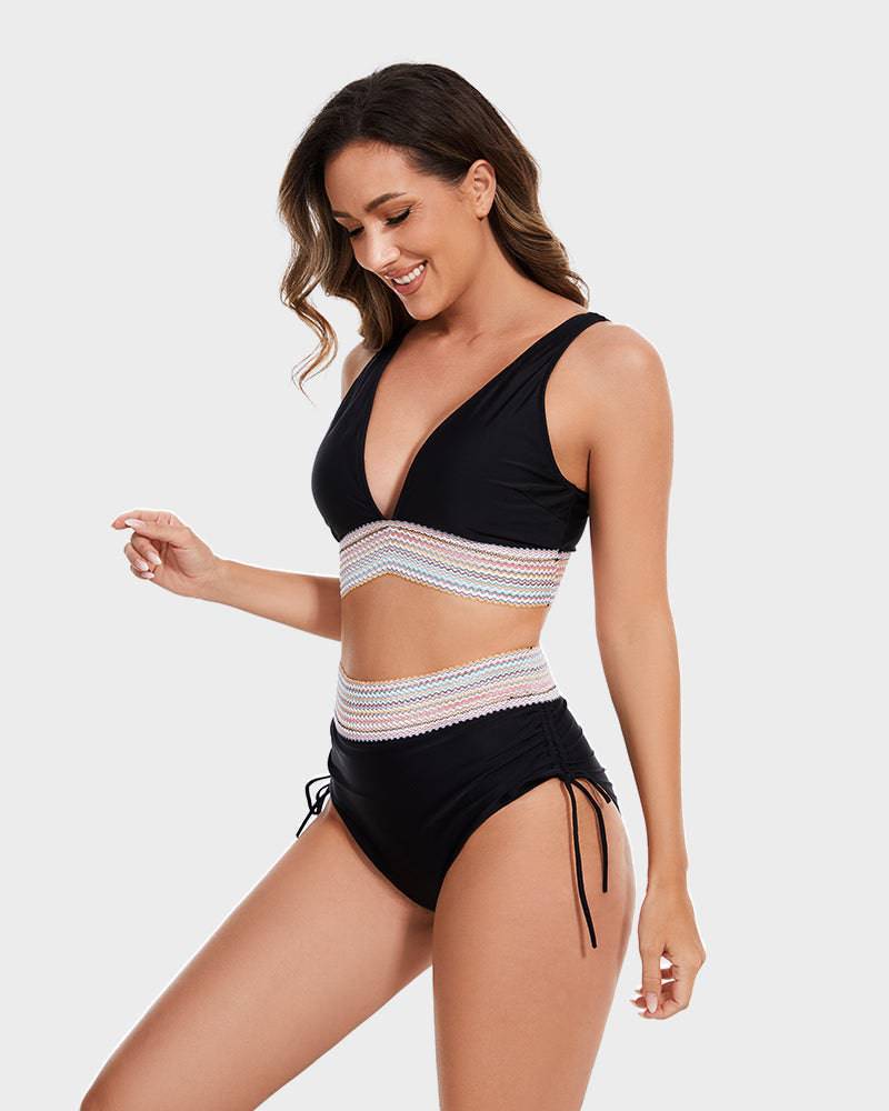 Women's High Waisted Striped Trim Bikini Set – Halter V Neck Ruched Bottom Beach