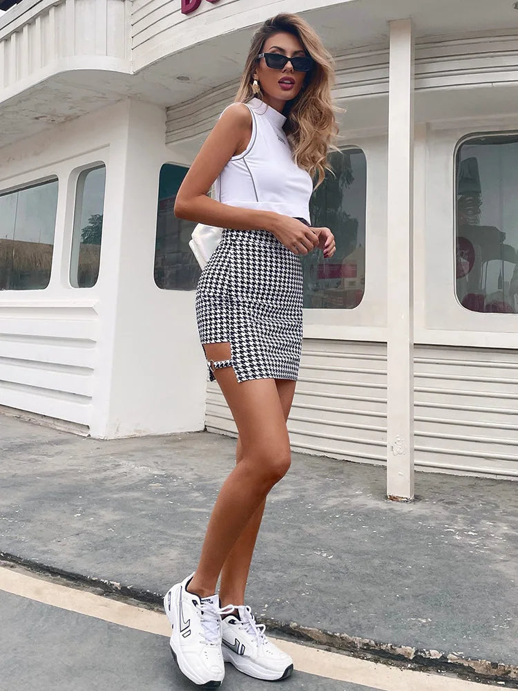 Women's Houndstooth High Waist Mini Skirt – Cut Out Side Casual Summer