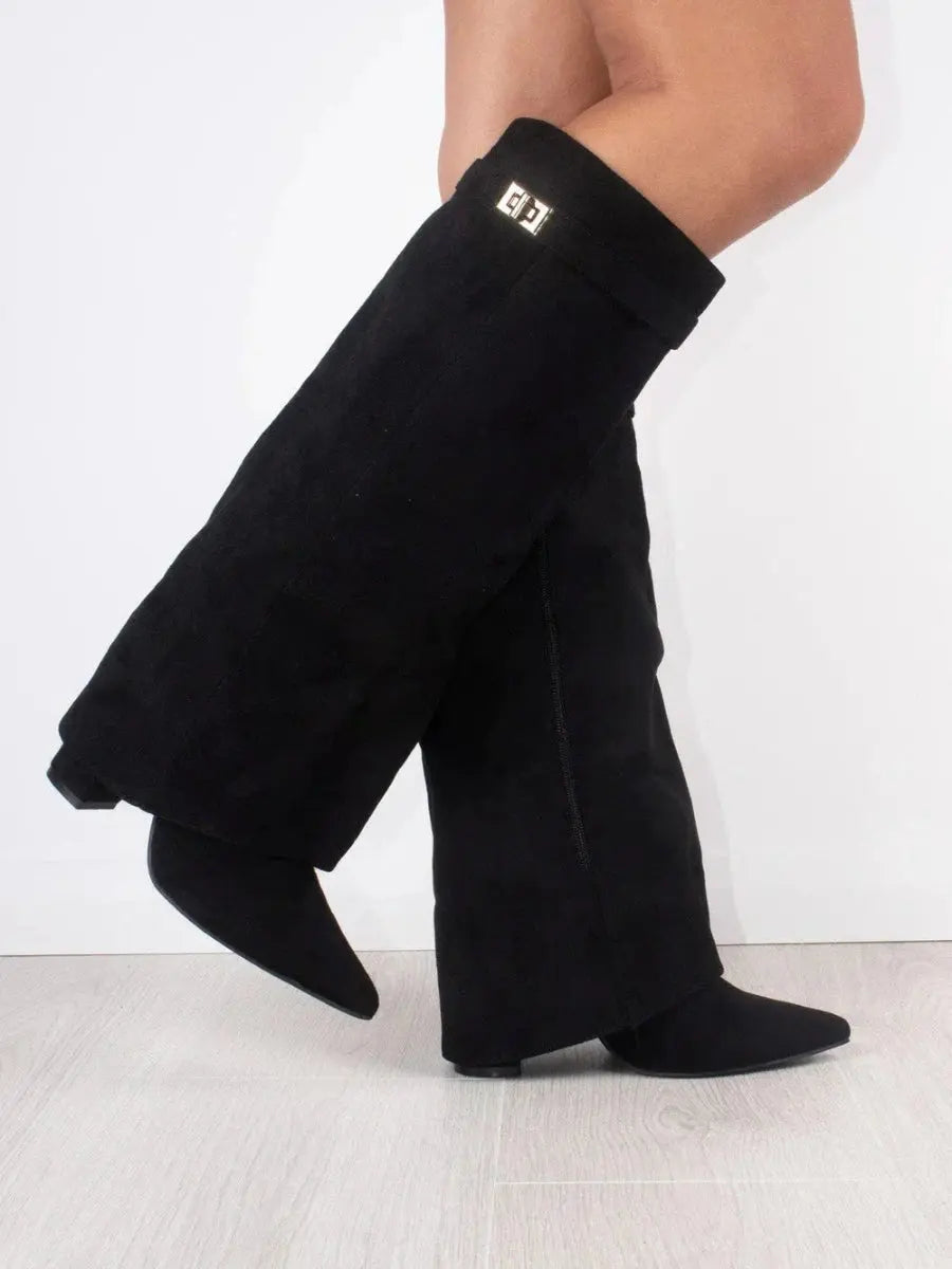Women's Knee High Boots – Pointed Toe Fold Over Wedge Heel Side Zip Casual