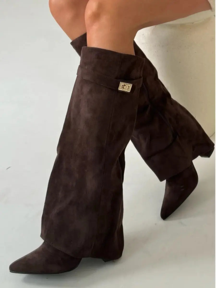 Women's Knee High Boots – Pointed Toe Fold Over Wedge Heel Side Zip Casual