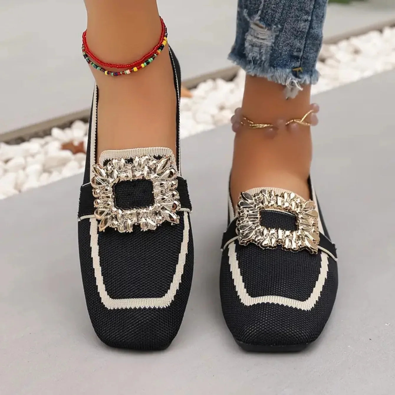 Women's Knit Colorblock Loafer – Square Toe Crystal Buckle Slip On Flat