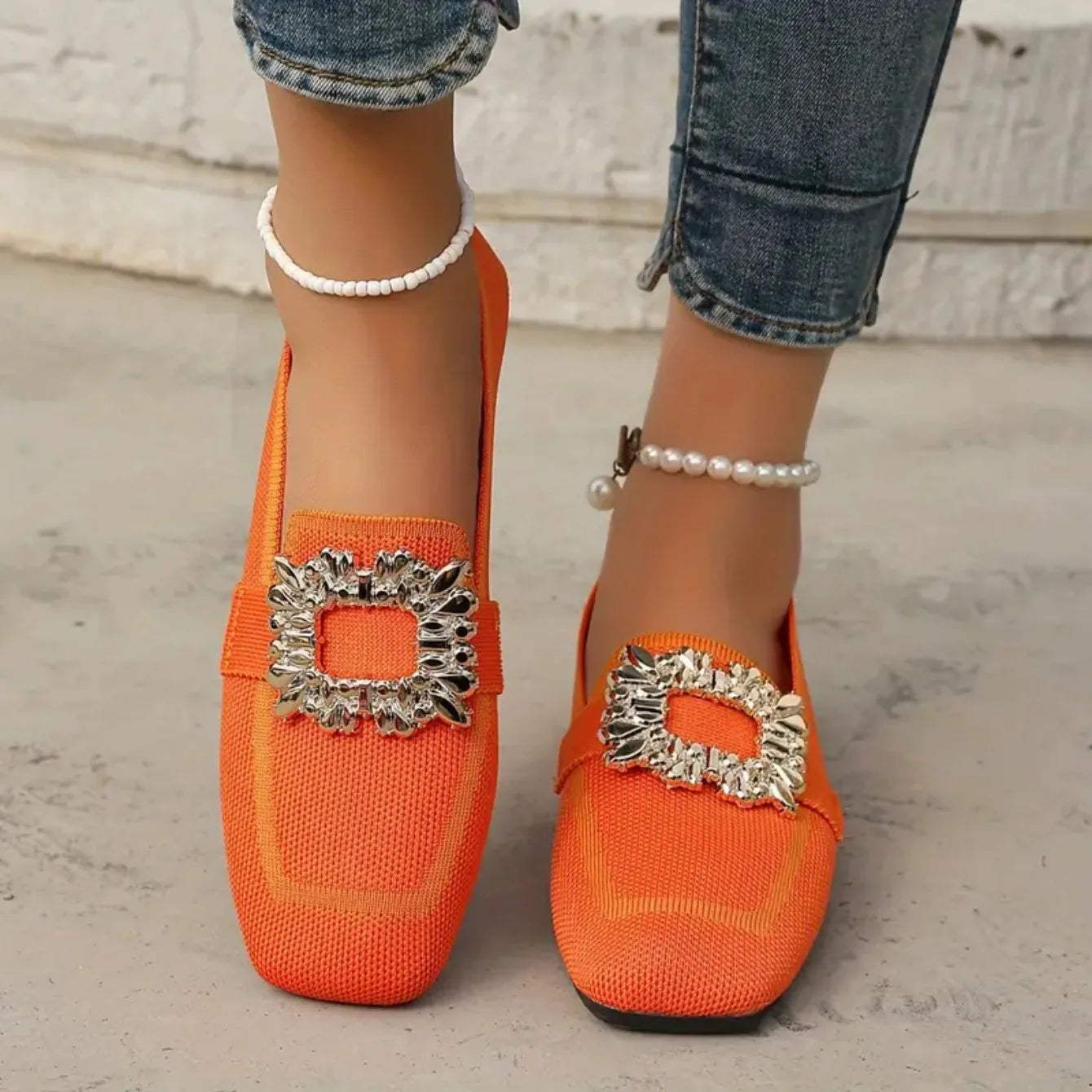 Women's Knit Colorblock Loafer – Square Toe Crystal Buckle Slip On Flat