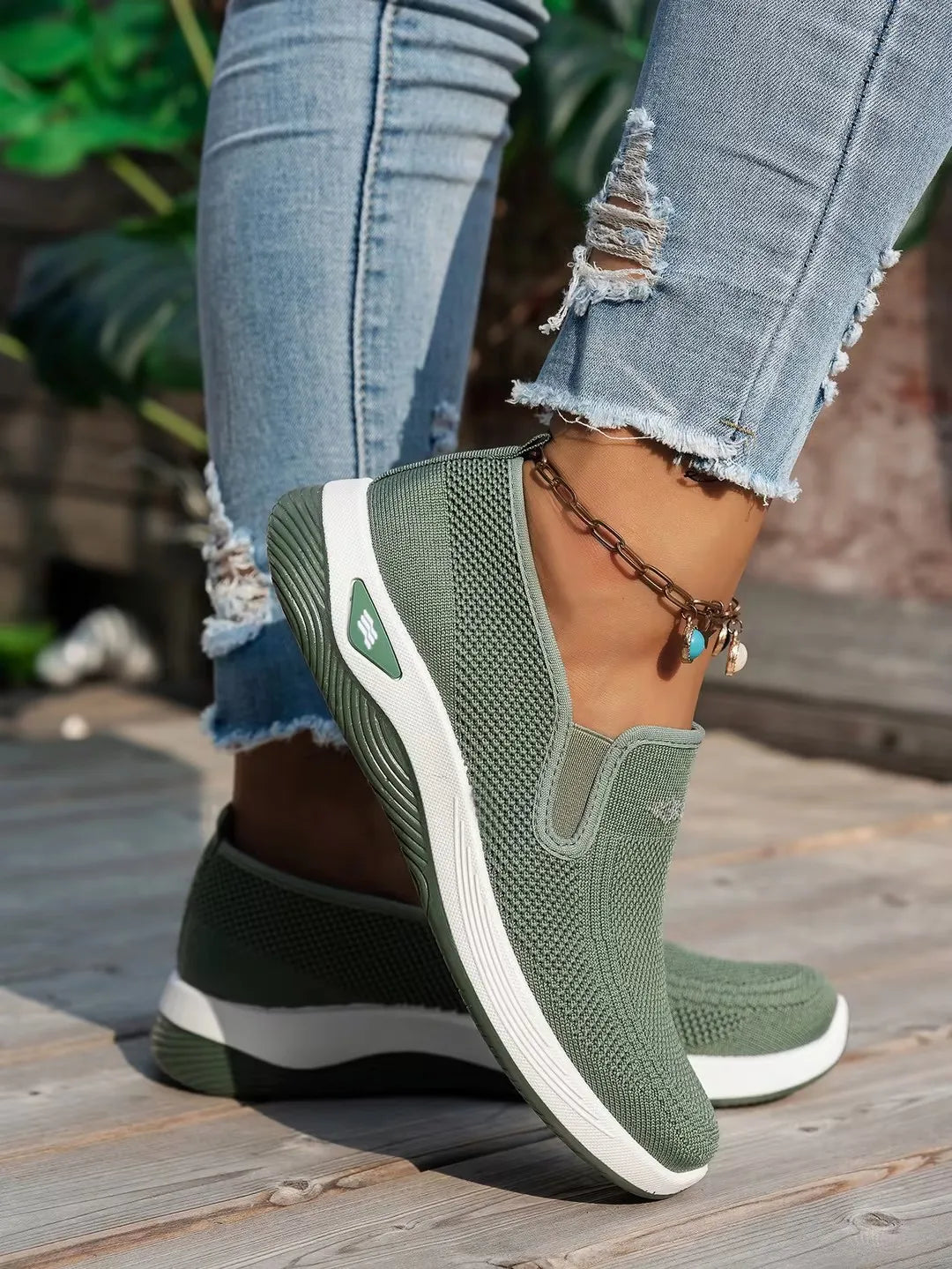 Women's Knit Slip-On Sneakers – Closed Toe Low Top Walking Casual Shoes