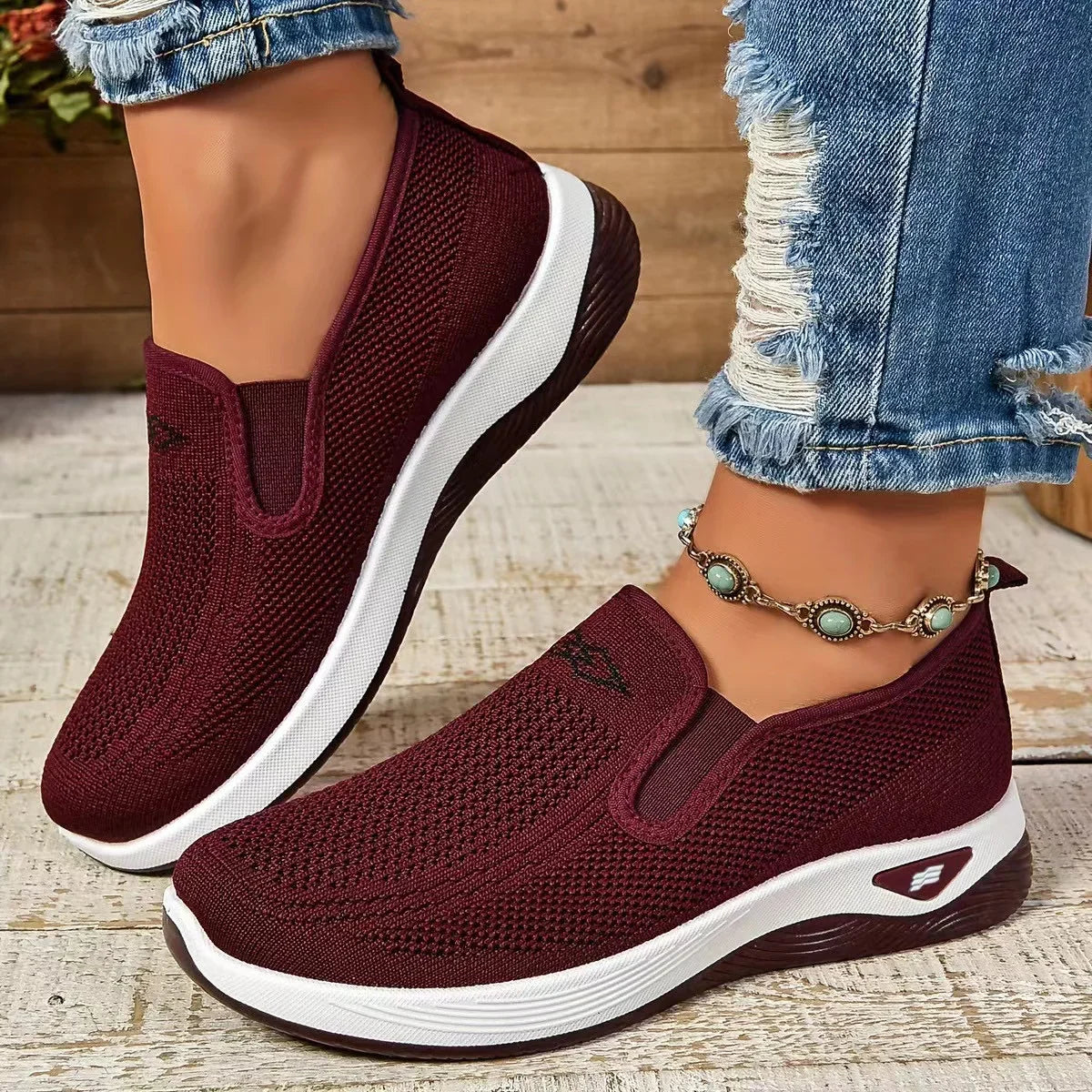 Women's Knit Slip-On Sneakers – Closed Toe Low Top Walking Casual Shoes