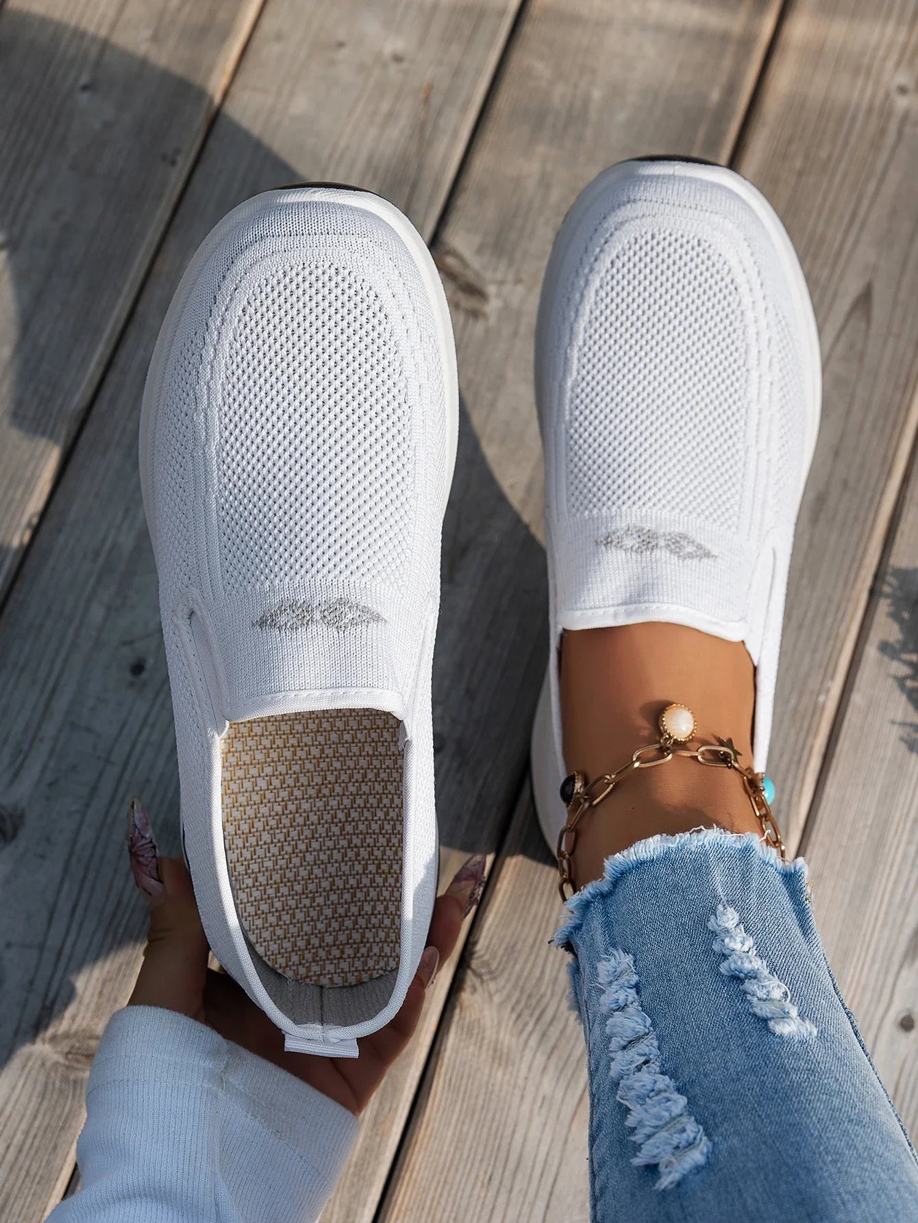 Women's Knit Slip-On Sneakers – Closed Toe Low Top Walking Casual Shoes