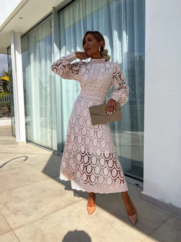 Women's Lace Midi Dress – High Neck Puff Sleeve A-Line Wedding Guest