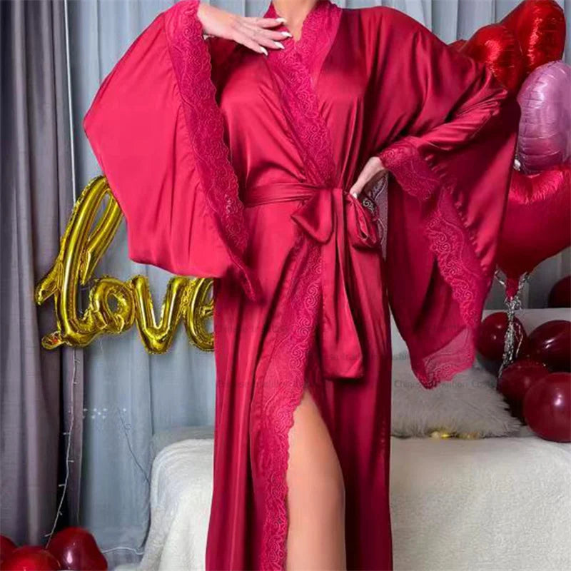 Women's Lace Trim Wrap Kimono Robe – V Neck Long Sleeve Nightwear