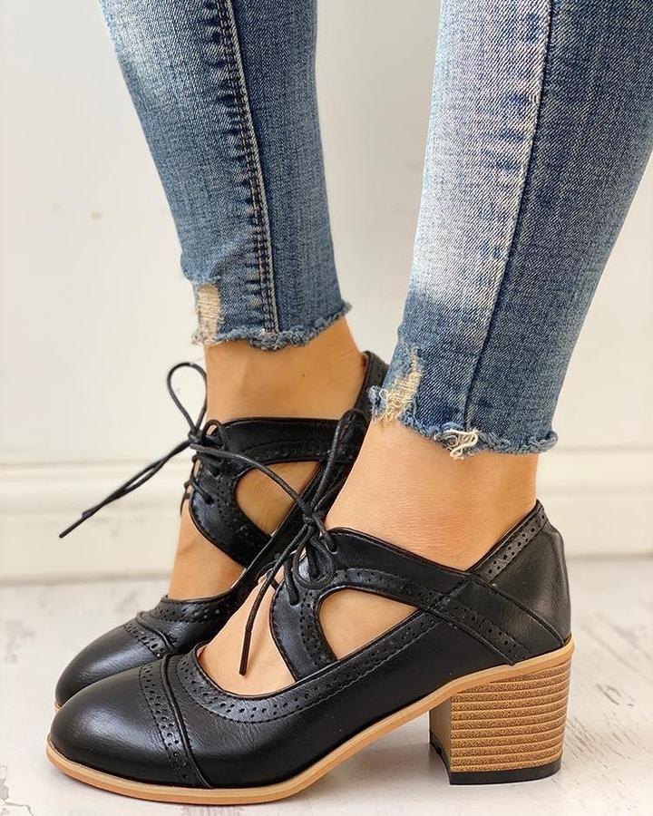 Women's Lace-Up Mary Jane Block Heel Pumps – Brogue Cutout Round Toe