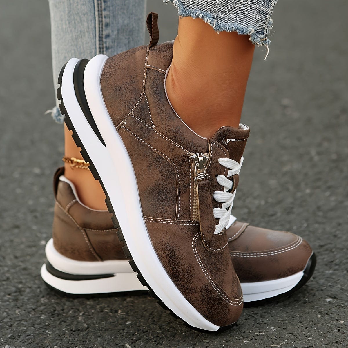 Women's Lace Up Zip Sneakers – Panelled Upper Platform Sole Casual