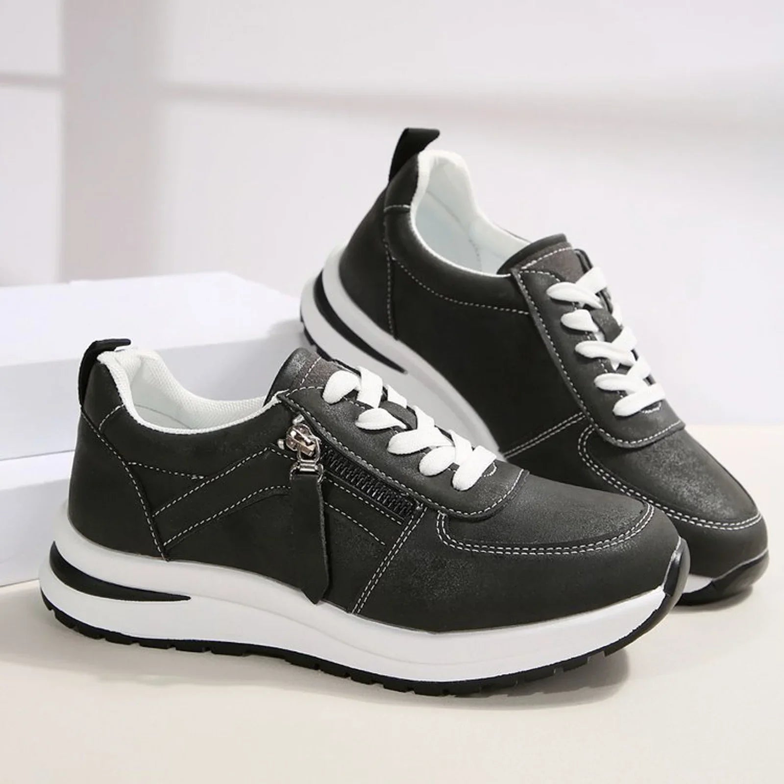 Women's Lace Up Zip Sneakers – Panelled Upper Platform Sole Casual