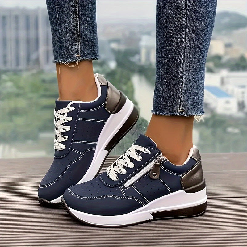 Women's Lace Up Zip Sneakers – Panelled Wedge Platform Sole Casual